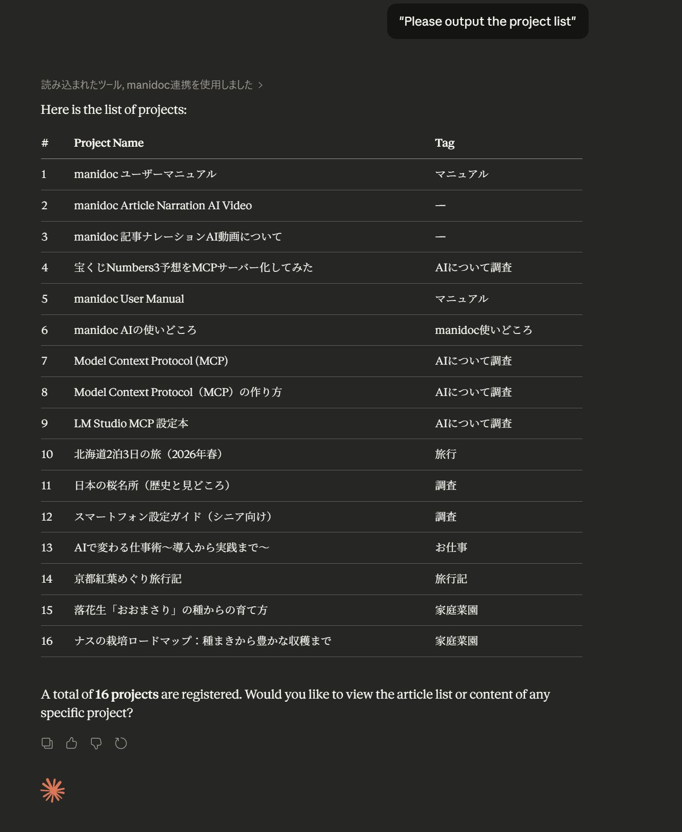 Displaying the manidoc Project List